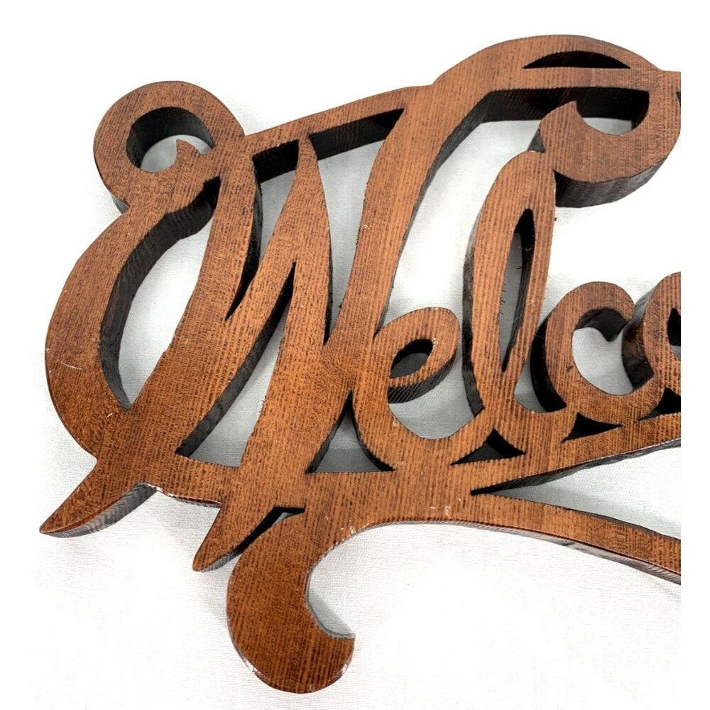 Welcome Sign Cut Wood Script Lettering Brown Wall Decor Handcrafted 13" - Picture 2 of 8